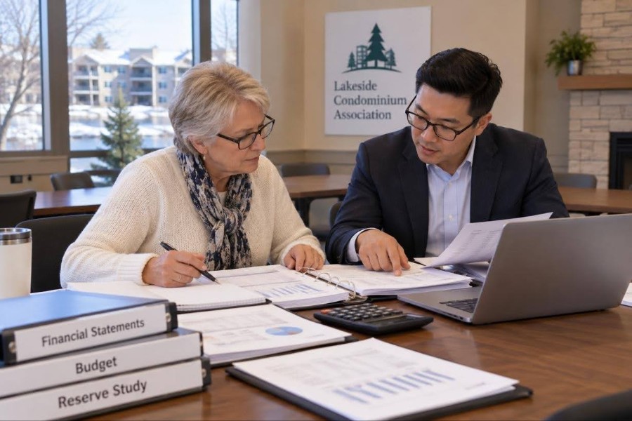 Board treasurer and CPA reviewing association financial statements in a Twin Cities community room